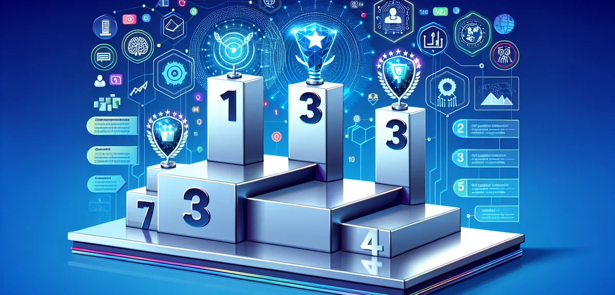 Ranking podium with AI tool icons, number 1-10 badges, achievement and comparison concept, clean inf