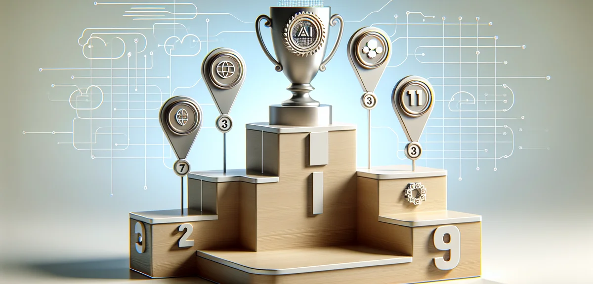 Ranking podium with AI tool icons, number 1-10 badges, achievement and comparison concept, clean inf