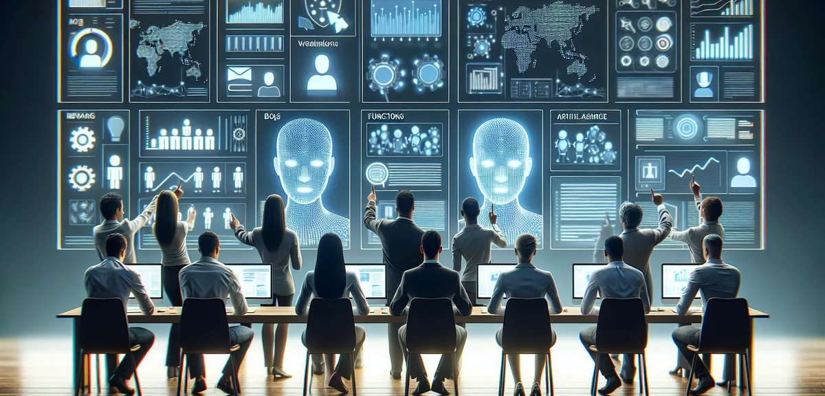 複数のAIツールを画面で比較検討している人のイラスト、機能や評価を見比べている様子