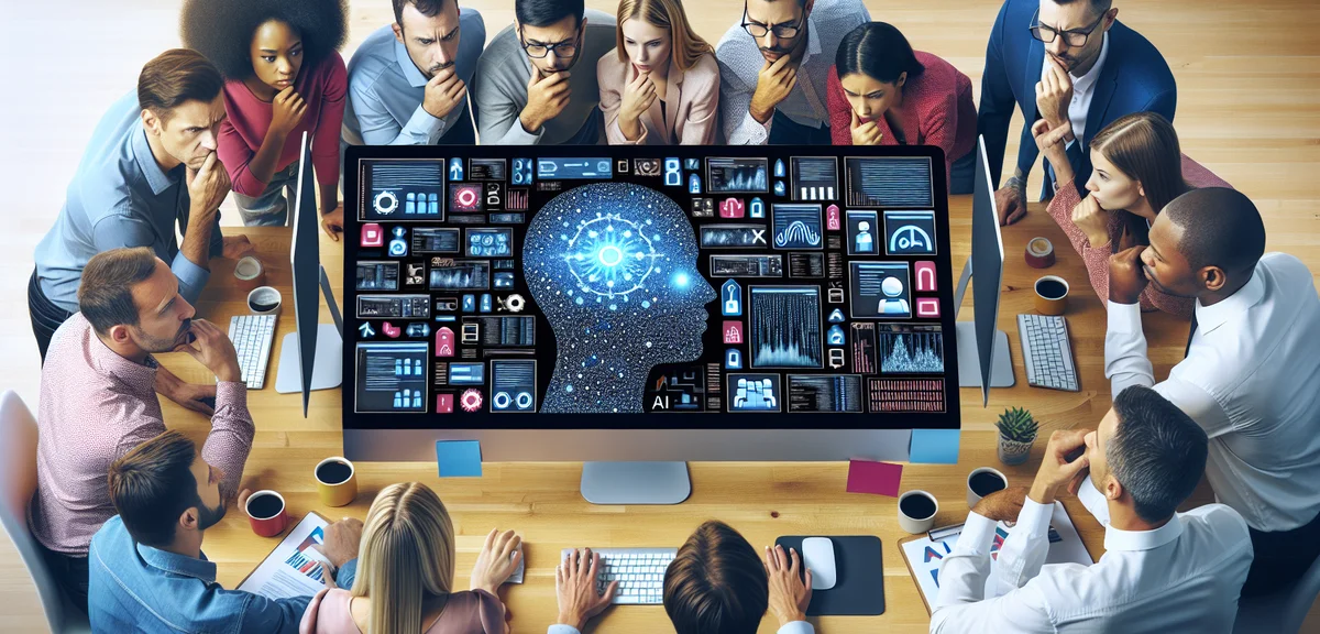 複数のAIツールを画面で比較検討している人のイラスト、機能や評価を見比べている様子