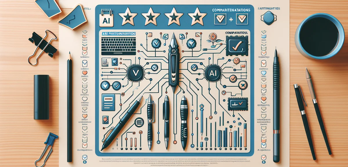 AIライティングツールの機能比較チャート、星評価やチェックマークで特徴を表現したインフォグラフィック