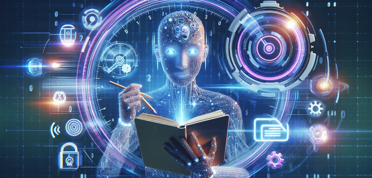 AIツールを使ってブログ記事を自動生成し効率化している様子、時間の節約をイメージした明るいイラスト