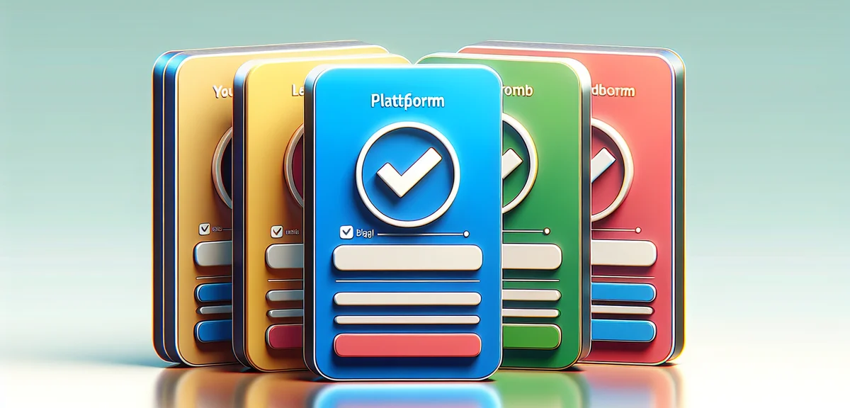 Five colorful platform cards with checkmarks being compared side by side, clean business illustratio