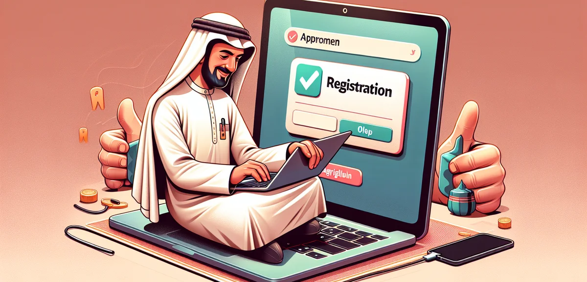 A person registering on a website with a laptop, approval notification popping up, friendly digital 