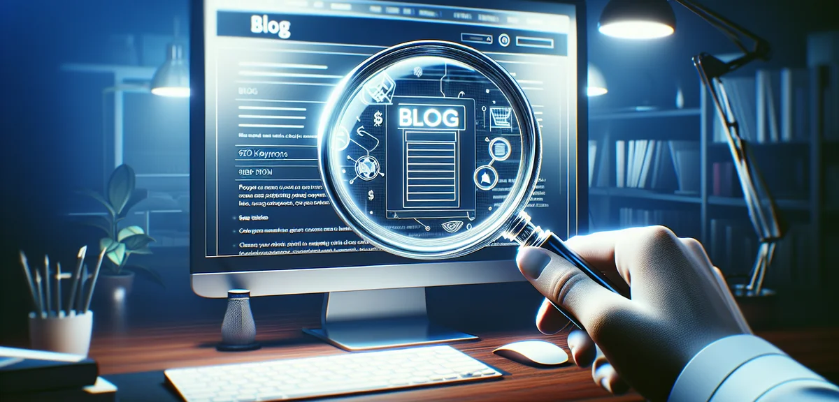 A magnifying glass examining a blog website on a computer screen with SEO keywords highlighted, digi