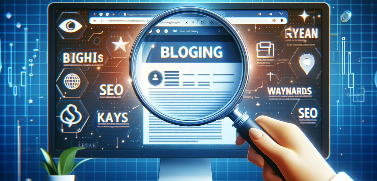 A magnifying glass examining a blog website on a computer screen with SEO keywords highlighted, digi