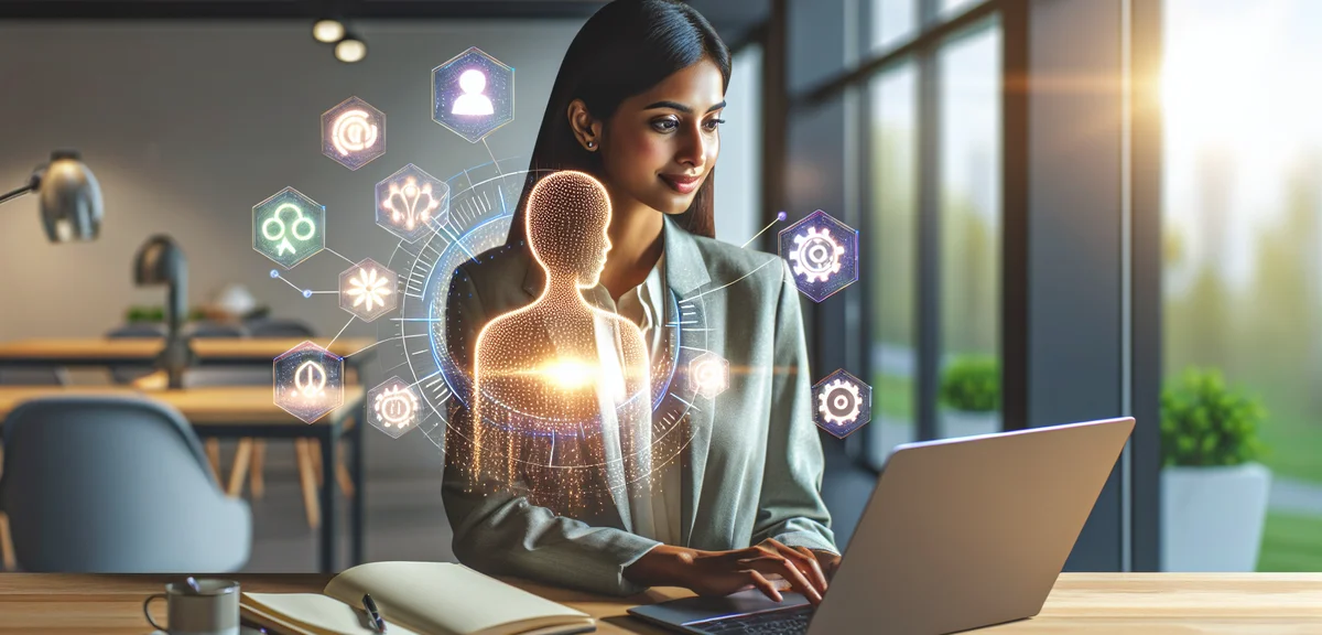 A person using AI tools on a laptop with glowing automation icons floating around the screen, futuri