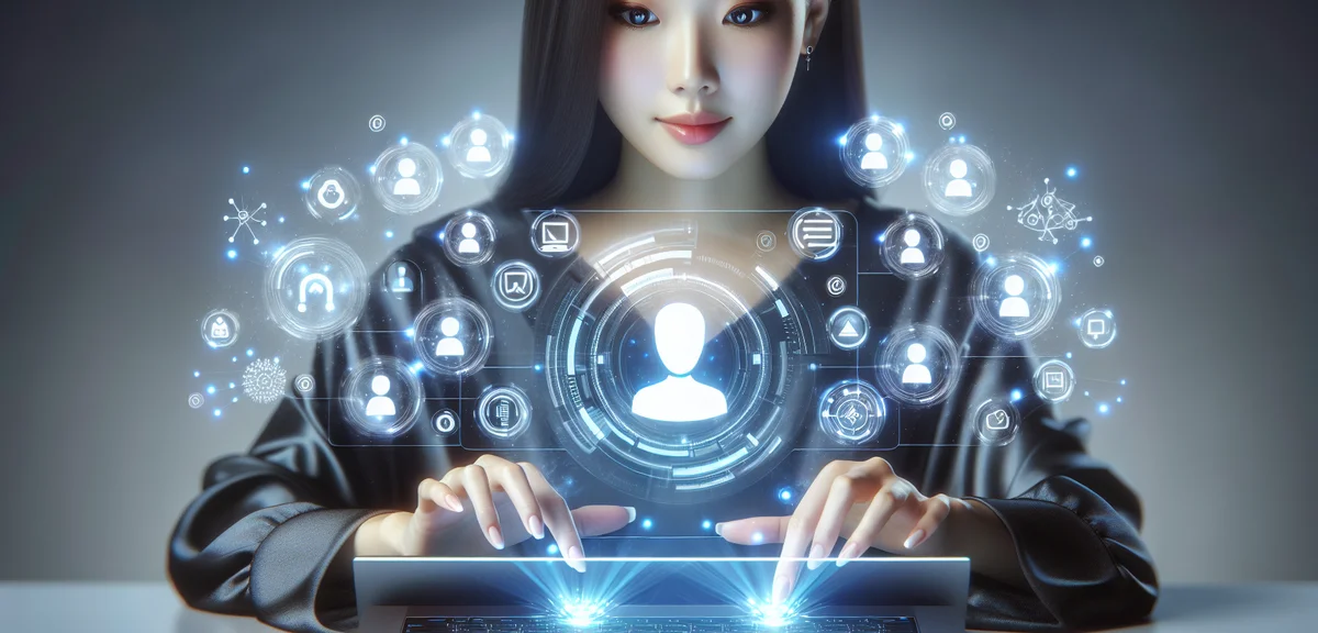 A person using AI tools on a laptop with glowing automation icons floating around the screen, futuri