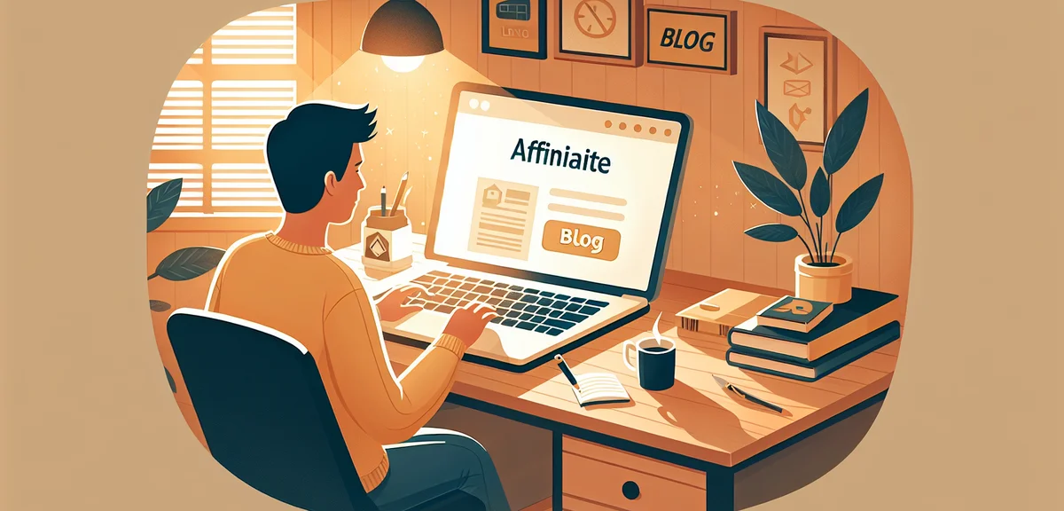 A person setting up a blog on a laptop screen with affiliate banners visible, cozy home office, warm