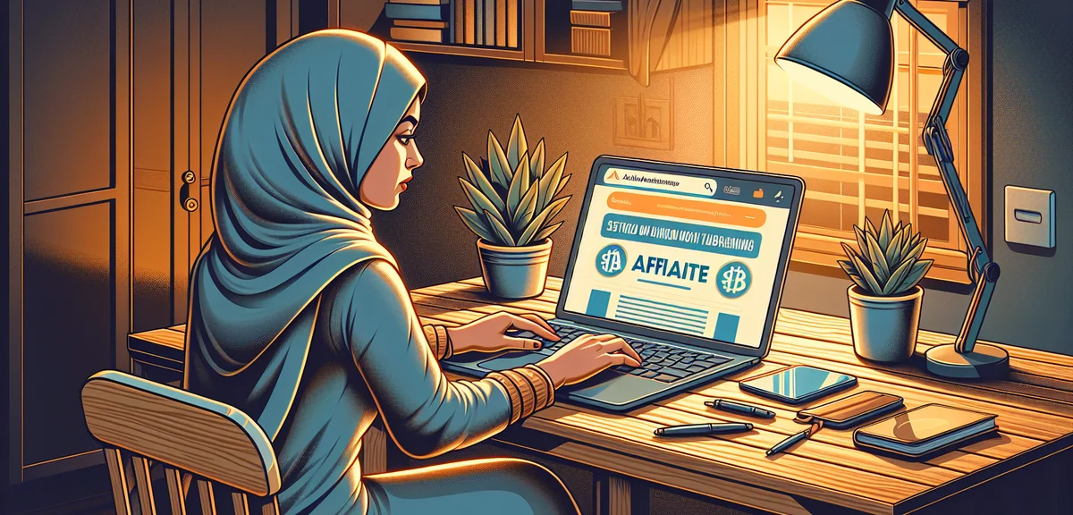A person setting up a blog on a laptop screen with affiliate banners visible, cozy home office, warm