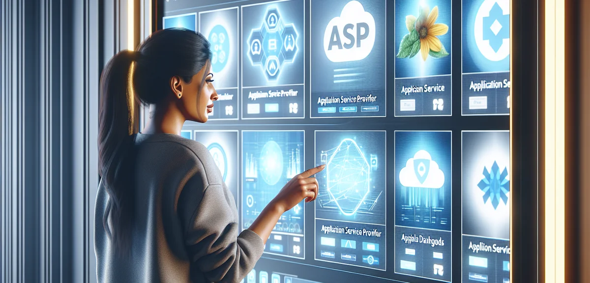 Multiple ASP platform logos and dashboards displayed on a screen, with a person comparing options, m