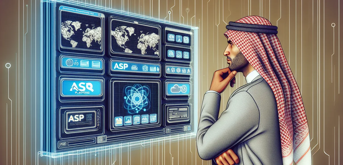 Multiple ASP platform logos and dashboards displayed on a screen, with a person comparing options, m