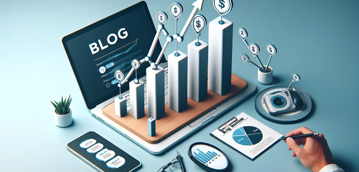 A growth chart showing blog income increasing over time with blog post icons, motivational and clean