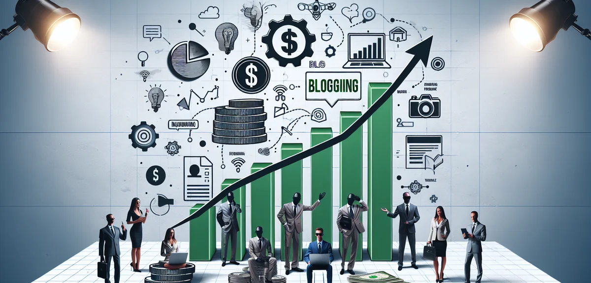 A growth chart showing blog income increasing over time with blog post icons, motivational and clean