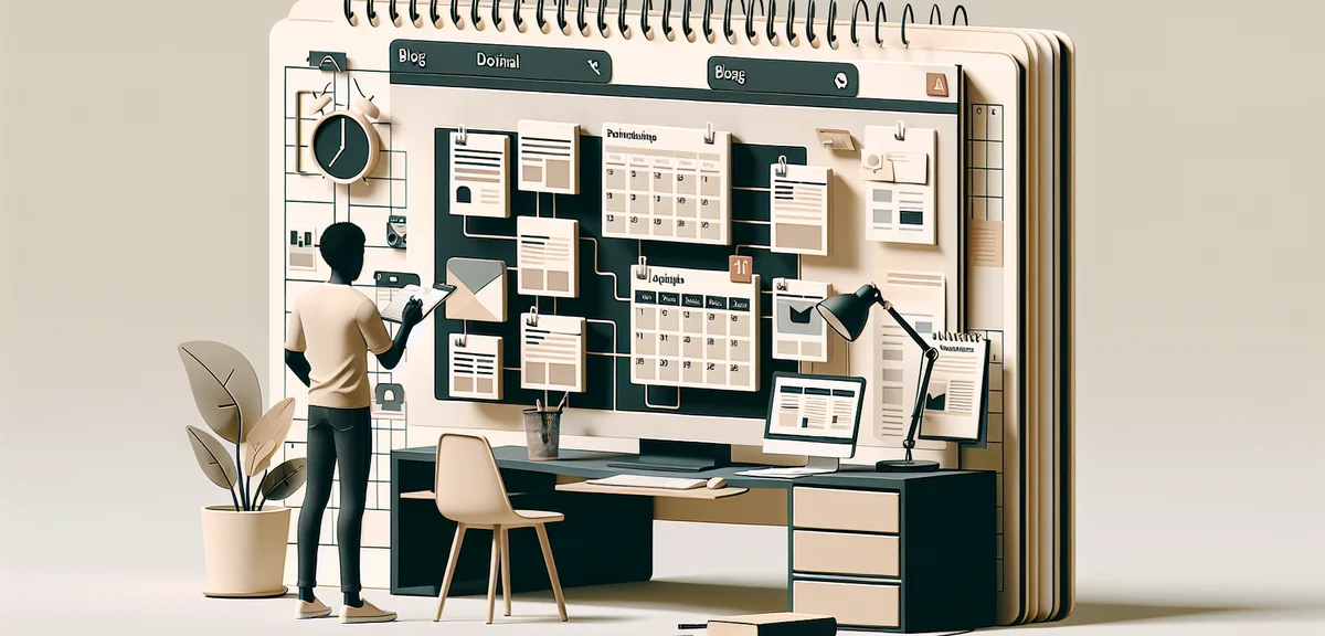 A content calendar with AI-generated blog posts being organized and scheduled, modern illustration s