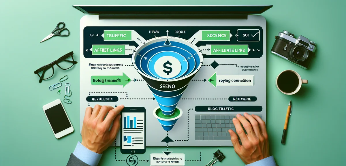 A funnel diagram showing blog traffic converting to revenue through SEO and affiliate links, infogra