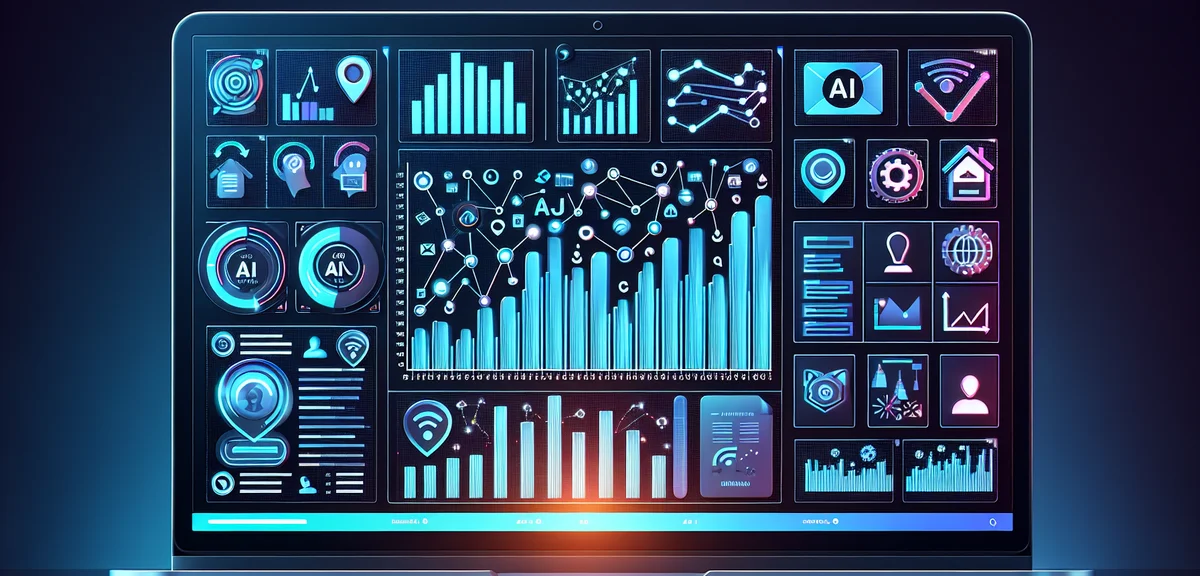 A dashboard showing blog analytics with upward trending graphs and AI automation icons, modern flat 