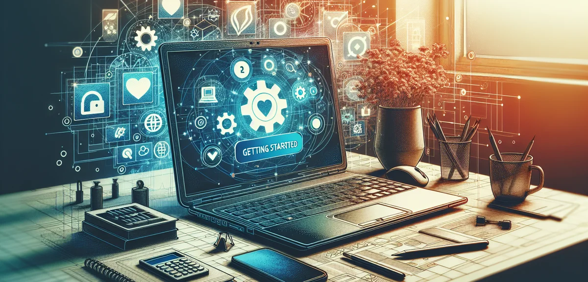 Blog setup and configuration illustration, laptop with settings icons, getting started concept, frie