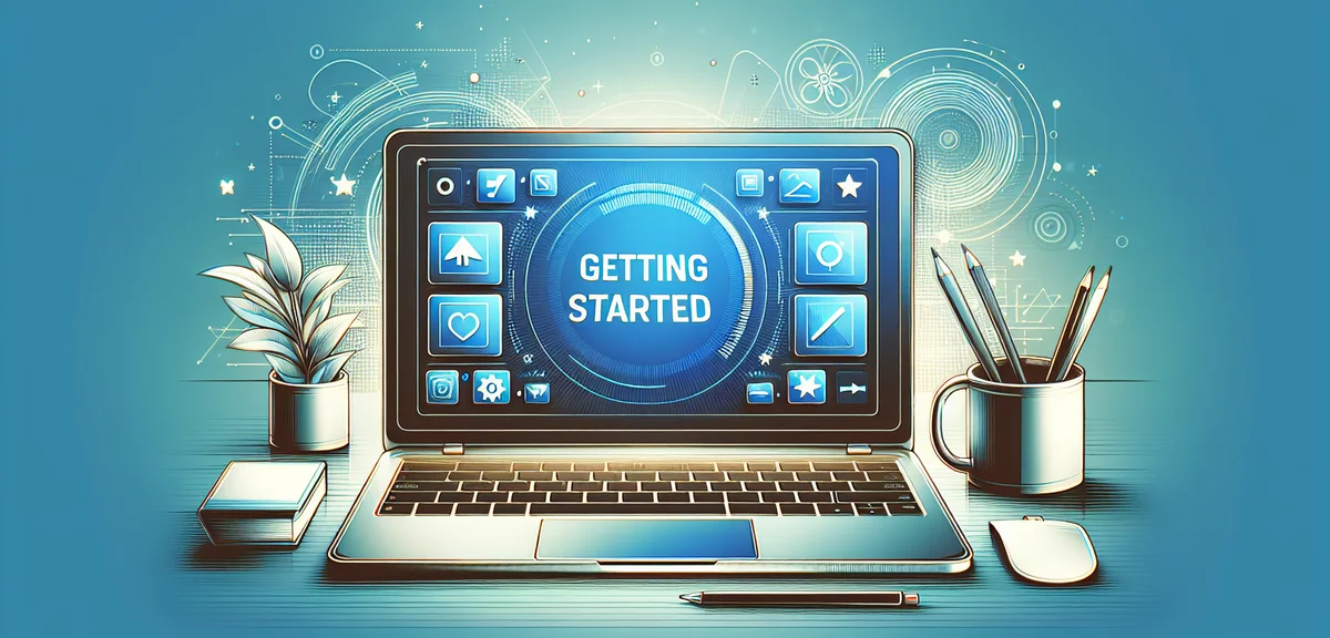 Blog setup and configuration illustration, laptop with settings icons, getting started concept, frie