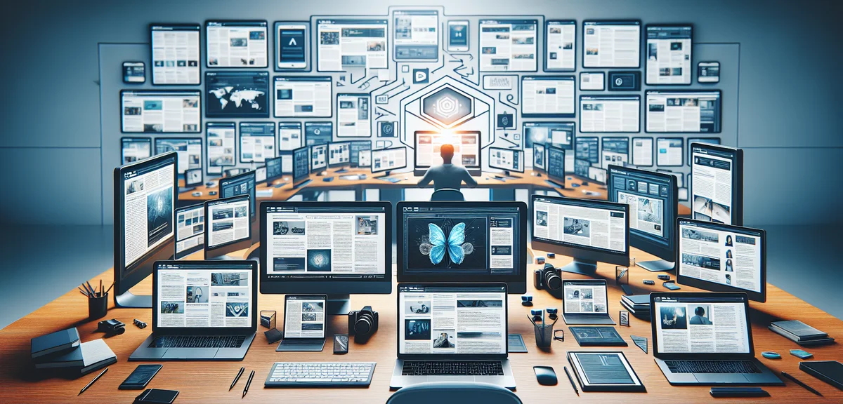 Content creation process, articles being generated, productivity concept, modern flat design