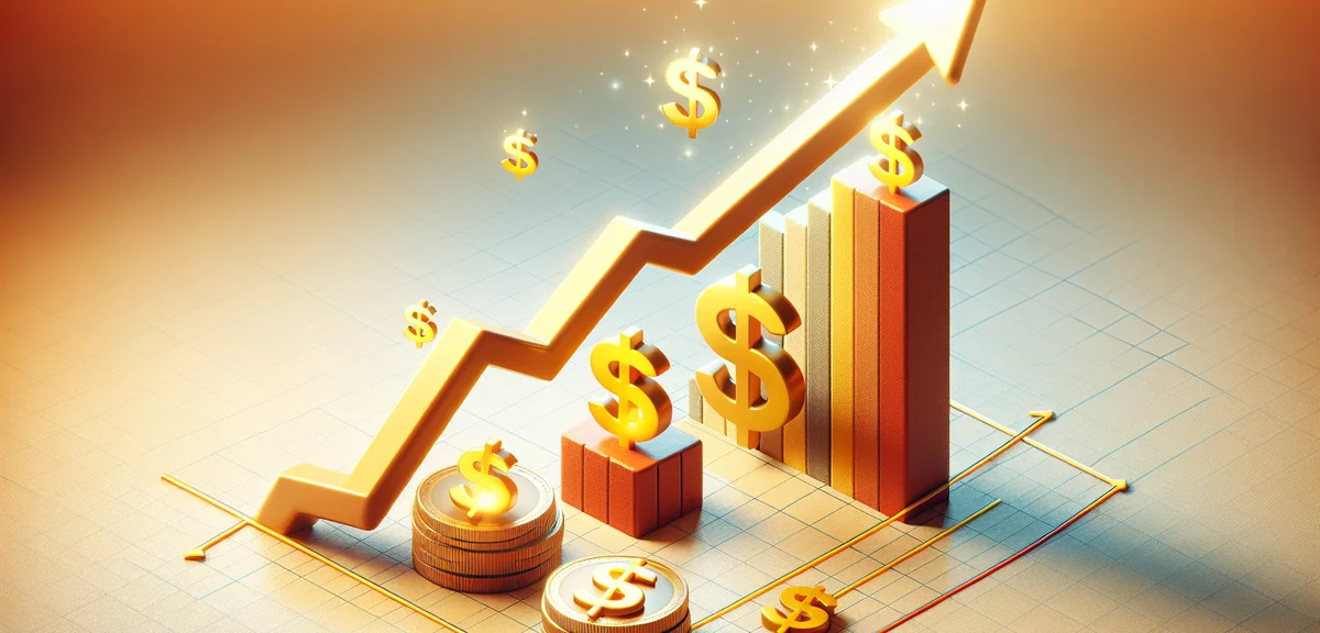 Revenue growth chart, money increasing over time, success achievement concept, encouraging warm colo