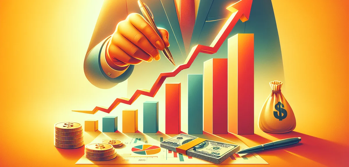 Revenue growth chart, money increasing over time, success achievement concept, encouraging warm colo