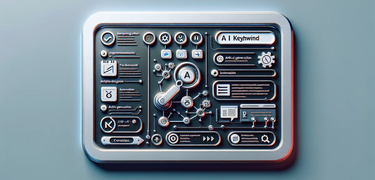 Dashboard interface with keyword input field and article generation options, AI blog tool mockup, cl