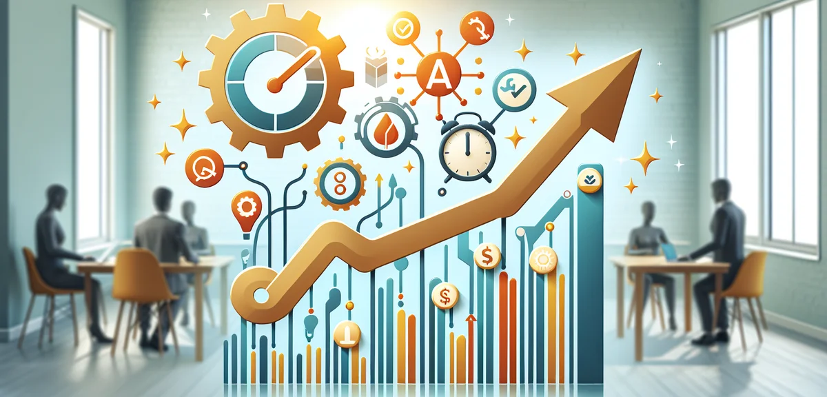 Benefits and advantages icons, time saving automation efficiency, positive growth concept, bright en