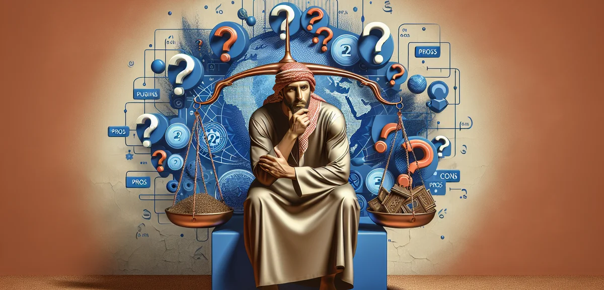 Challenges and considerations illustration, thinking person with question marks, honest evaluation c