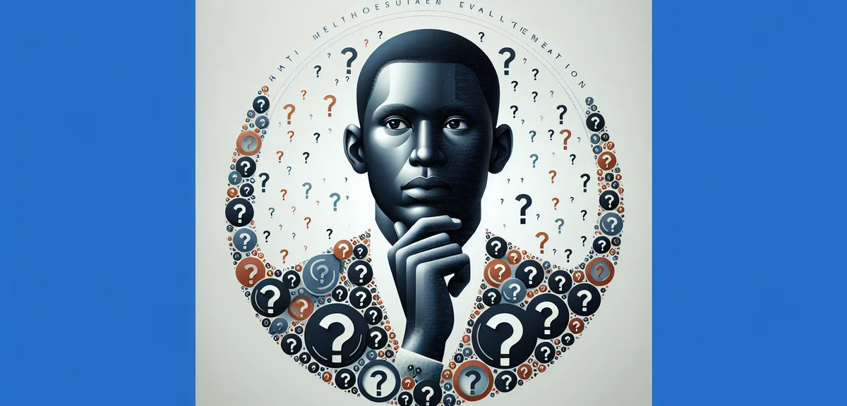 Challenges and considerations illustration, thinking person with question marks, honest evaluation c
