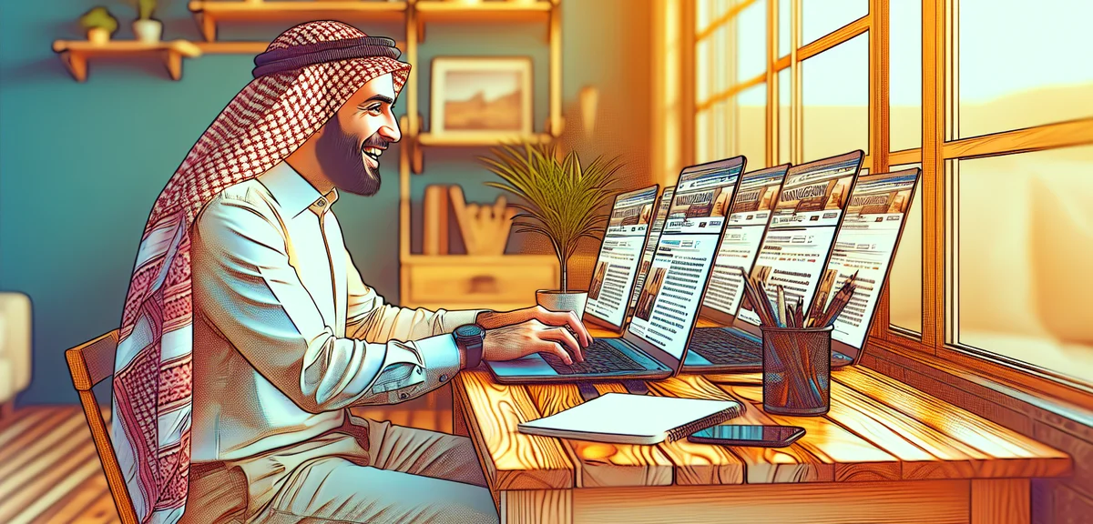 Person happily working on laptop with multiple blog articles appearing on screen, time-saving concep