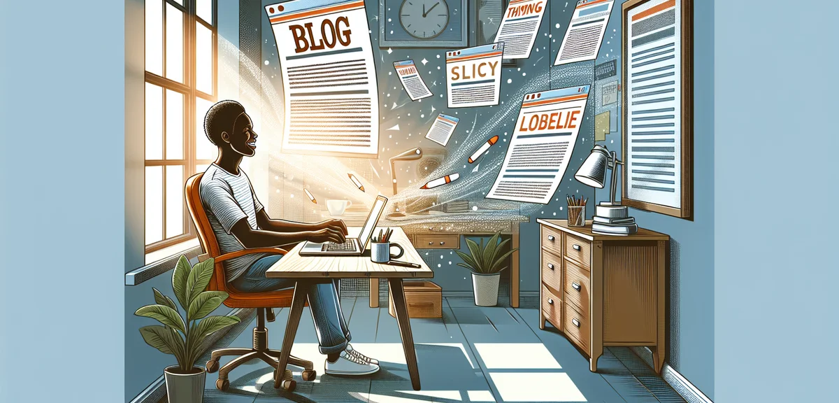Person happily working on laptop with multiple blog articles appearing on screen, time-saving concep