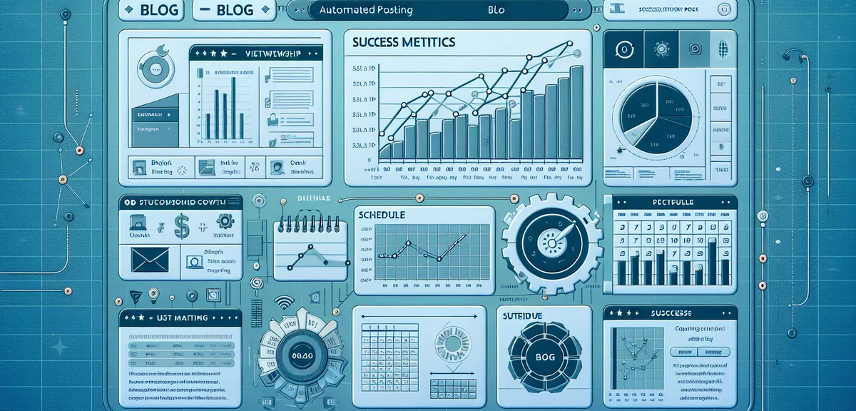 Dashboard showing blog analytics and growth charts, automated posting schedule calendar, success met