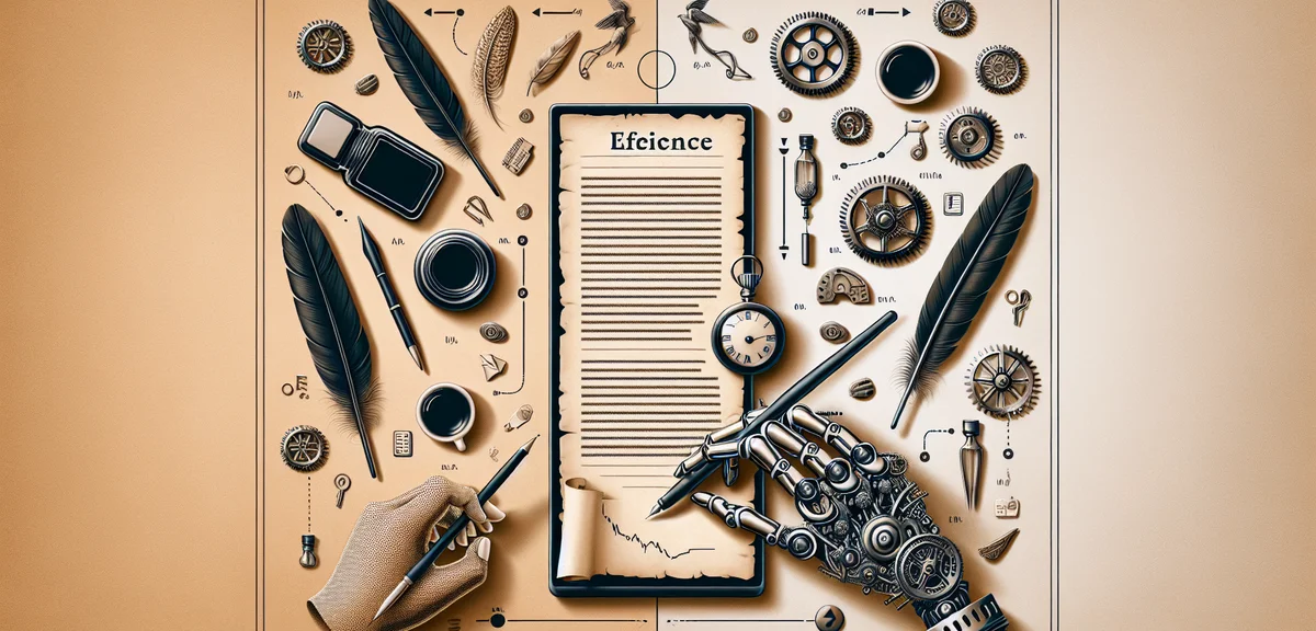 Comparison illustration showing manual vs automated blog writing, time clock and efficiency symbols,