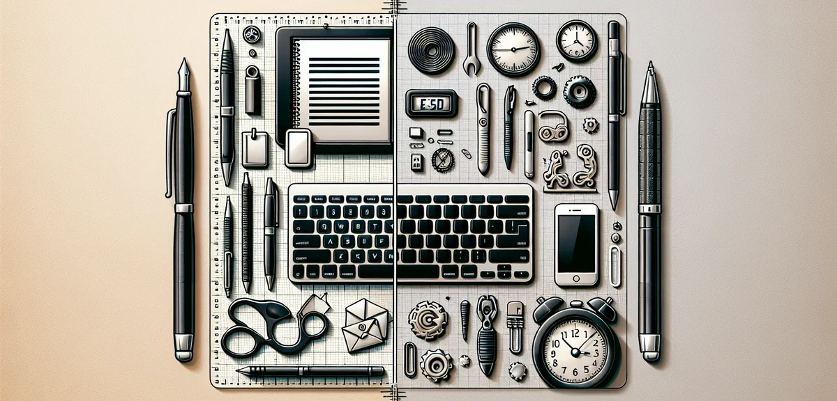 Comparison illustration showing manual vs automated blog writing, time clock and efficiency symbols,