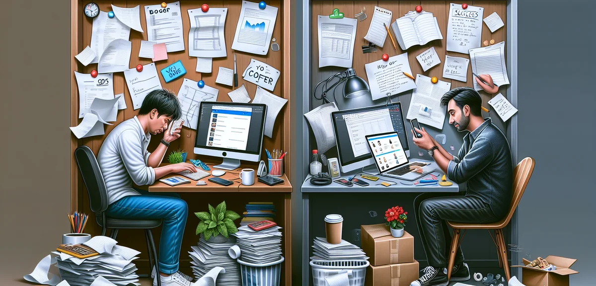 Split illustration showing struggling blogger vs successful blogger habits, comparison concept, moti