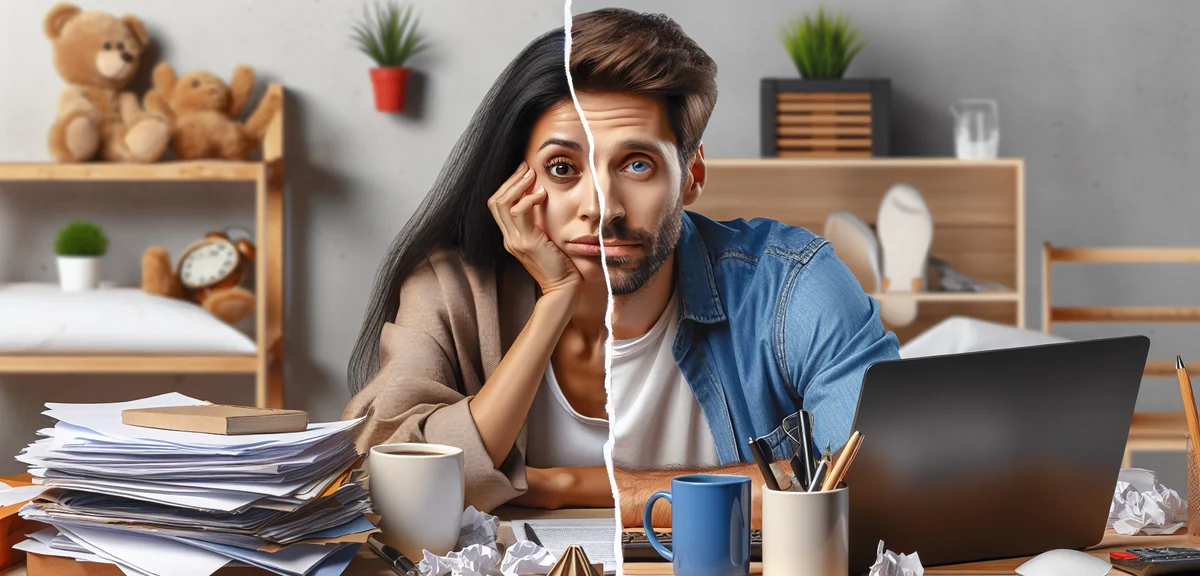 Split illustration showing struggling blogger vs successful blogger habits, comparison concept, moti