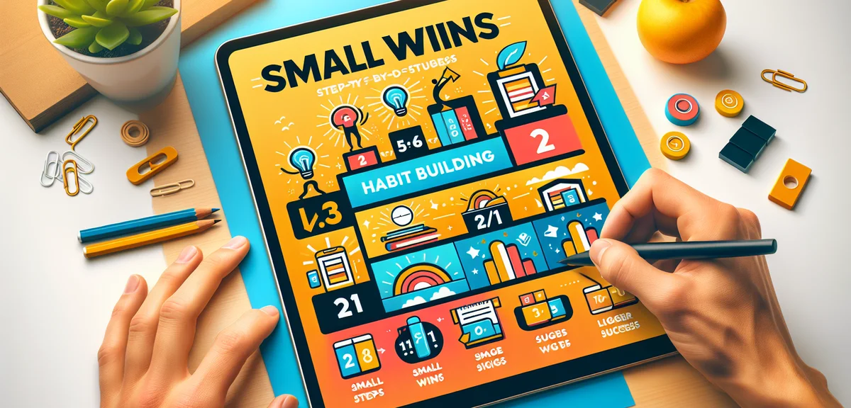 Step-by-step habit building infographic for bloggers, small wins concept, encouraging warm colors