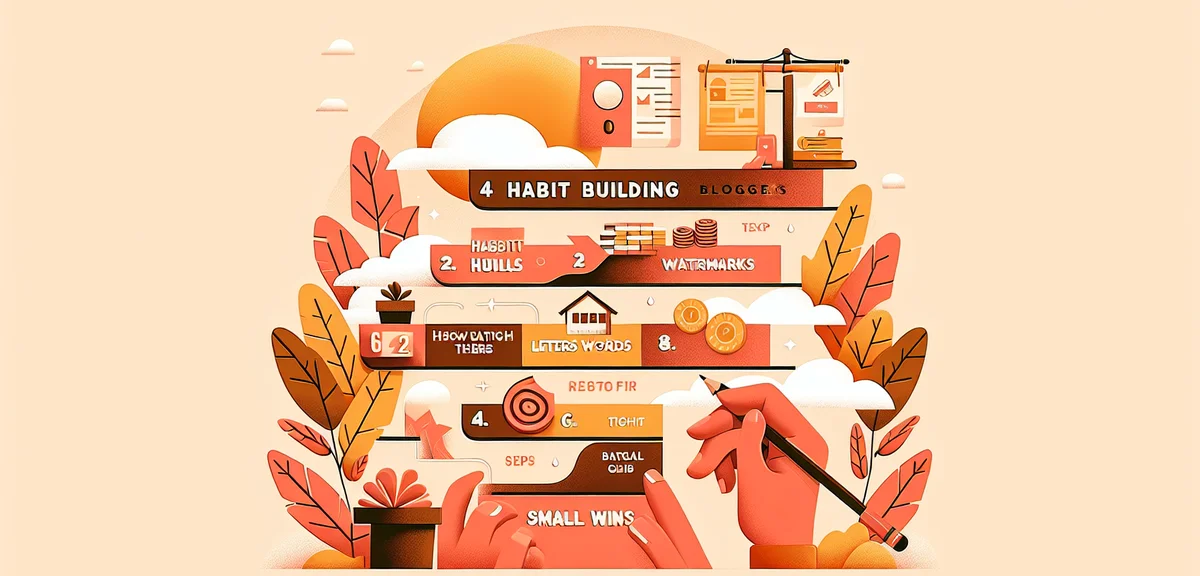 Step-by-step habit building infographic for bloggers, small wins concept, encouraging warm colors