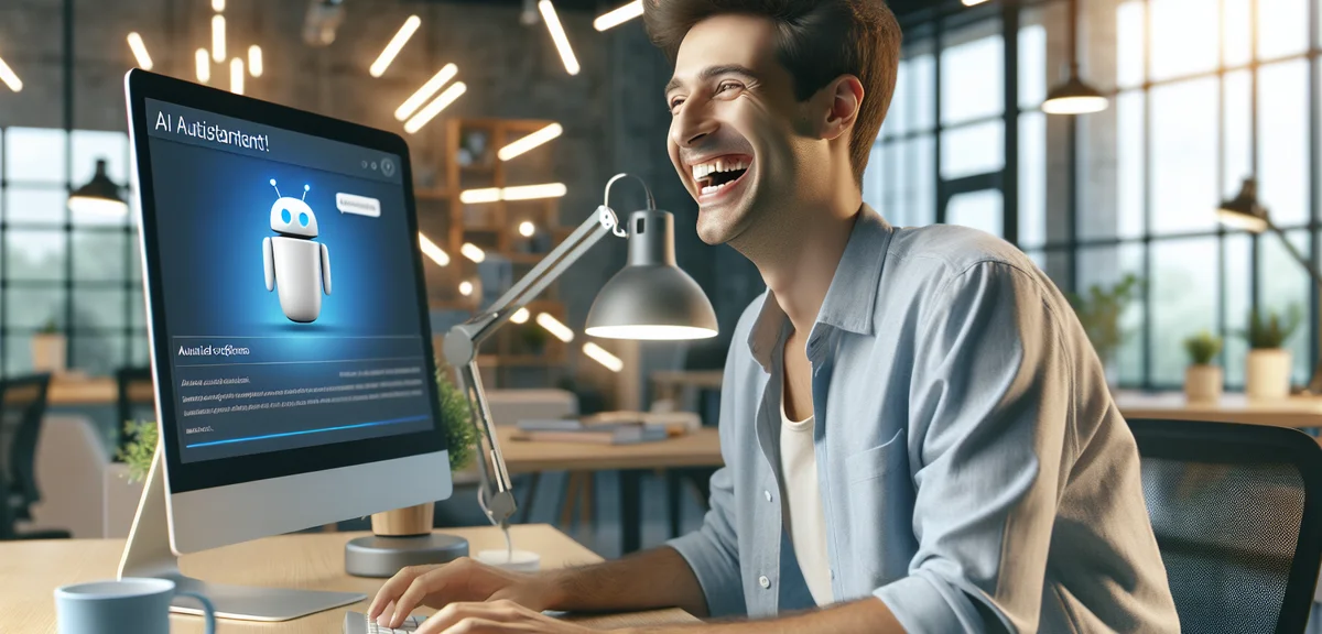 Happy blogger with automated workflow, AI assistant helping, efficiency and freedom concept, bright 