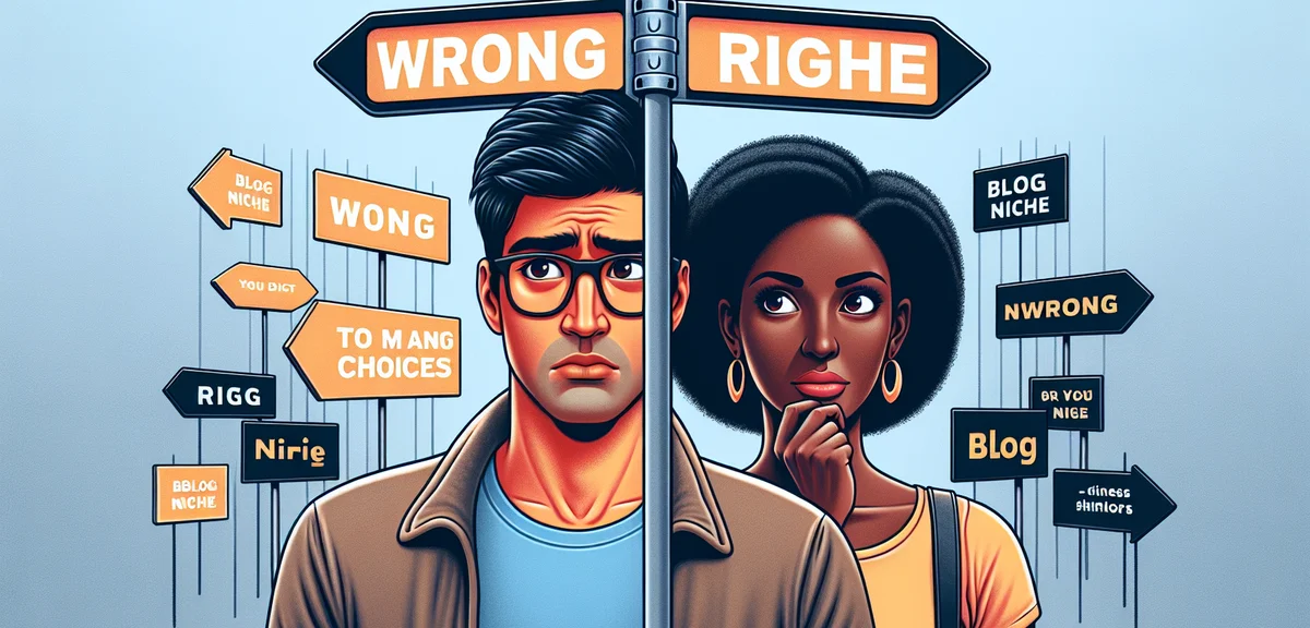 A comparison illustration showing wrong vs right blog niche selection, with confused person on one s