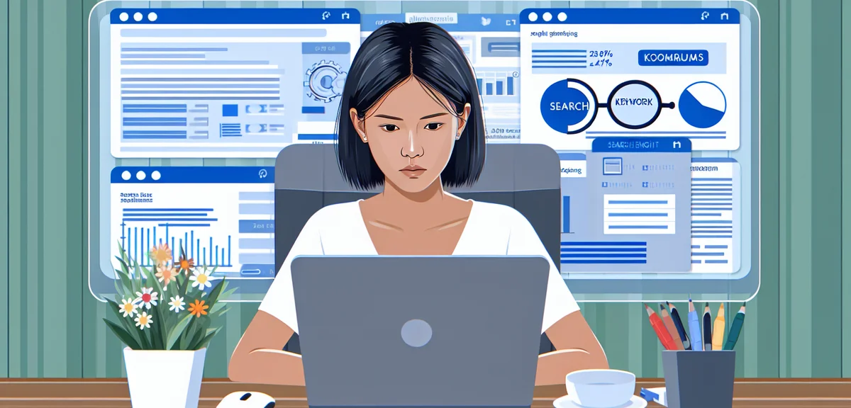 An illustration of a person studying SEO concepts on a computer screen with search engine results an
