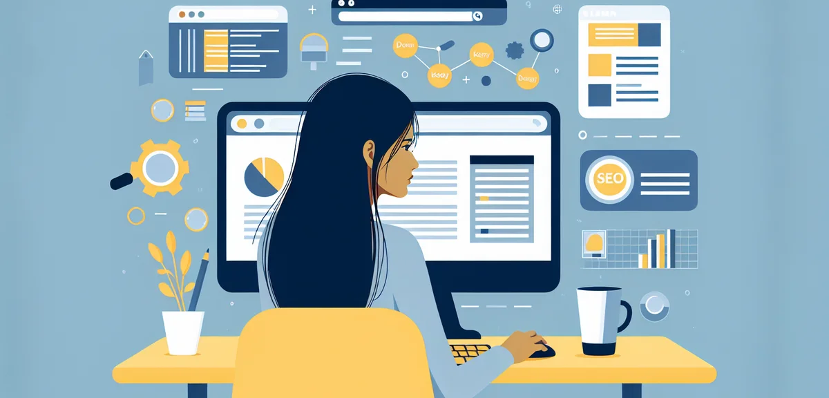 An illustration of a person studying SEO concepts on a computer screen with search engine results an