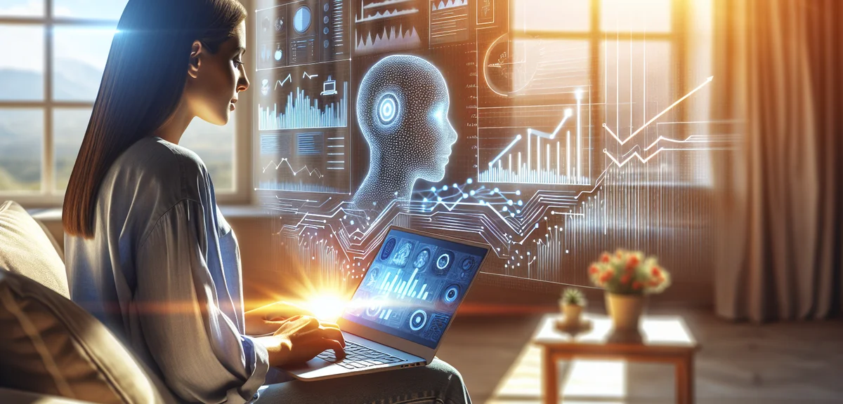 A hopeful scene of a person using AI tools on a laptop with rising graph indicators, bright and opti