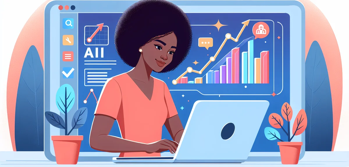 A hopeful scene of a person using AI tools on a laptop with rising graph indicators, bright and opti