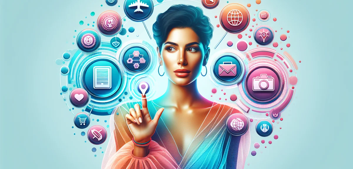 A simple illustration of a person choosing a blog niche, surrounded by floating topic icons like tra