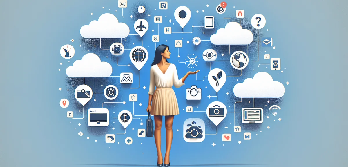 A simple illustration of a person choosing a blog niche, surrounded by floating topic icons like tra