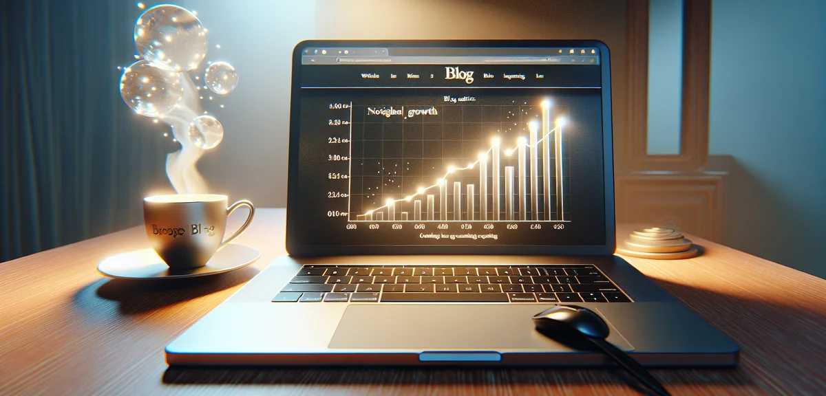 An illustration of a laptop screen showing blog analytics with a small but growing graph, a coffee c