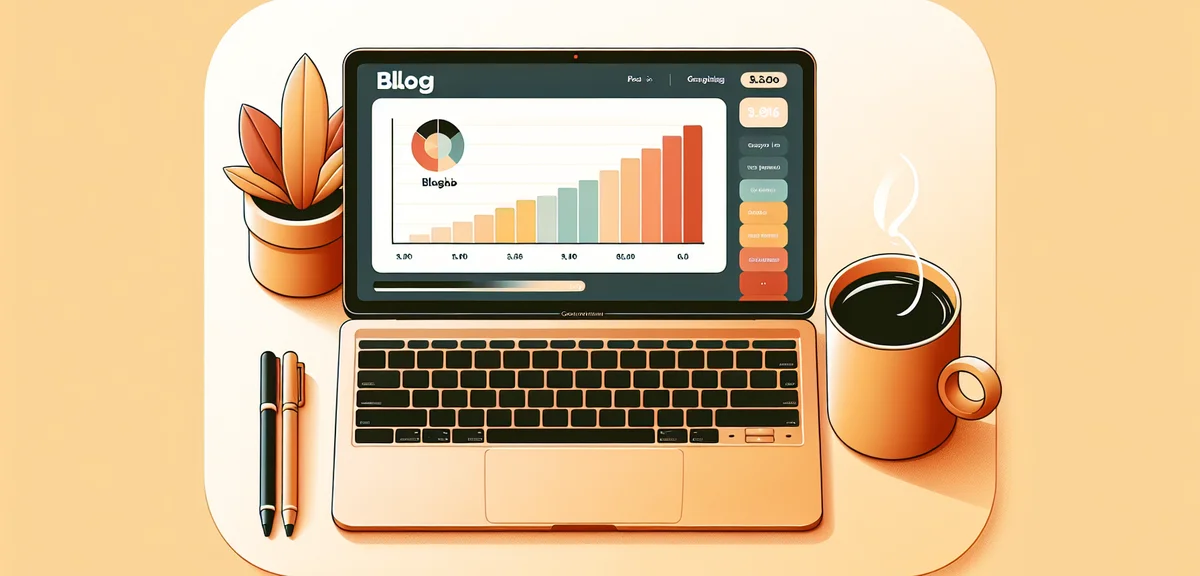 An illustration of a laptop screen showing blog analytics with a small but growing graph, a coffee c