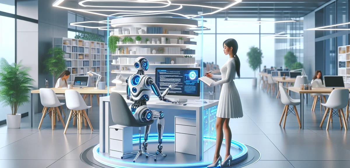 A digital illustration of an AI robot helping a human write blog articles, futuristic but friendly d